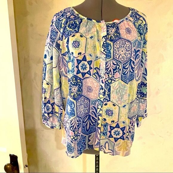 Talbots hexagon pastel Moroccan tile breezy cotton button top size M - Picture 1 of 9